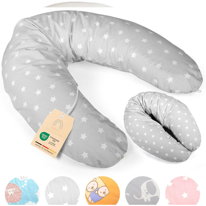 Подушка для годування та вагітних XXL, 190 см, з чохлом, сіра зірки. Перевірена подушка для вагітних, немовлят та дорослих. М'яка подушка для сну на боці та зміни положення тіла.