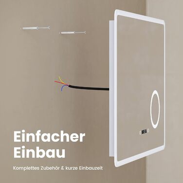 EMKE® Дзеркало для ванної кімнати LED 80x60 см з підсвічуванням, 3 кольори світла, годинник, захист від запотівання, IP44