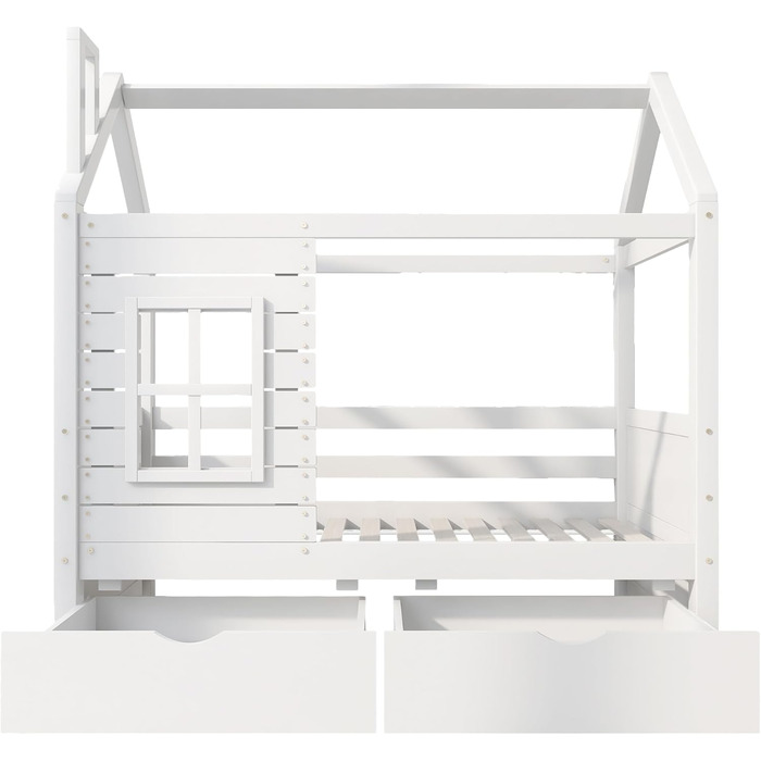 Дитяче ліжко 80x160 см з ящиками та віконцем, масивне дерев'яне ліжко з бортиками та ламелями, ліжко-будиночок для хлопчиків та дівчаток, ліжко-будиночок, ліжко для підлітків, без матраца, біле