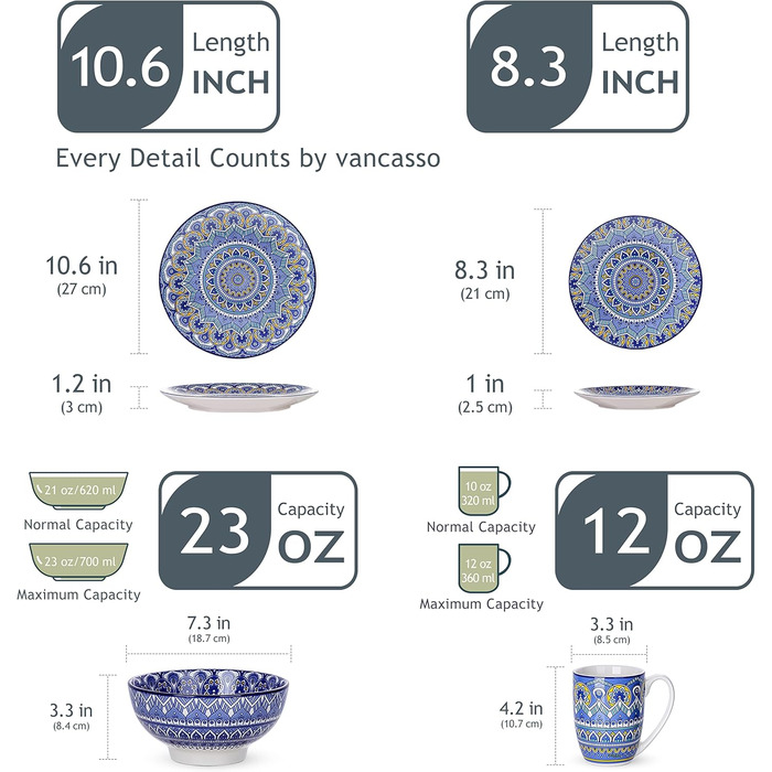 Посуд Vancasso Mandala, 16 предметів, порцеляновий набір для 4 осіб, блакитний, богемський стиль, ручна розпис