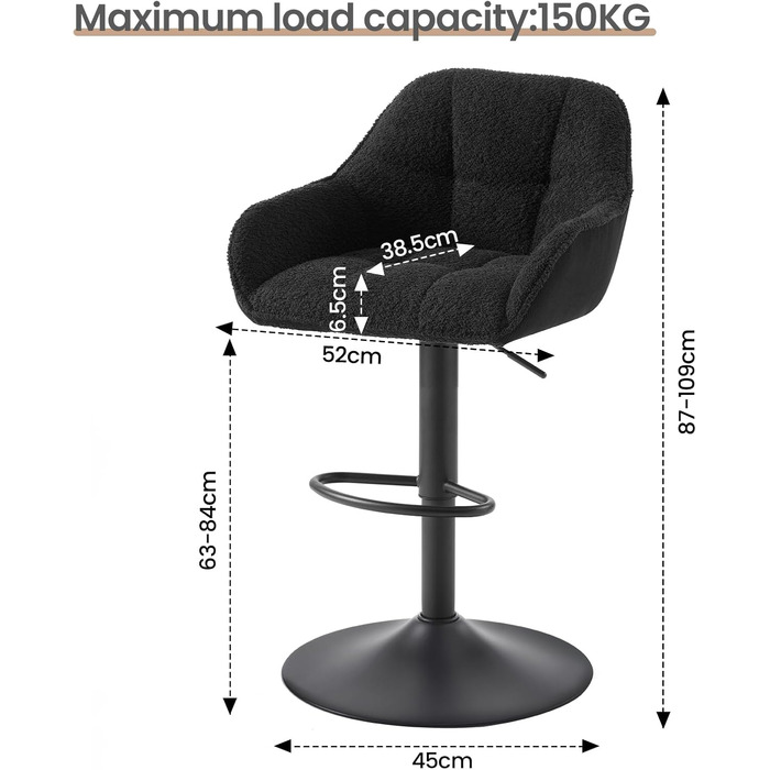 Набір з 2 барних стільців WOLTU, регульована висота, з підніжкою, обертаються, з м'яким сидінням, чорний, метал, Chenille Cord
