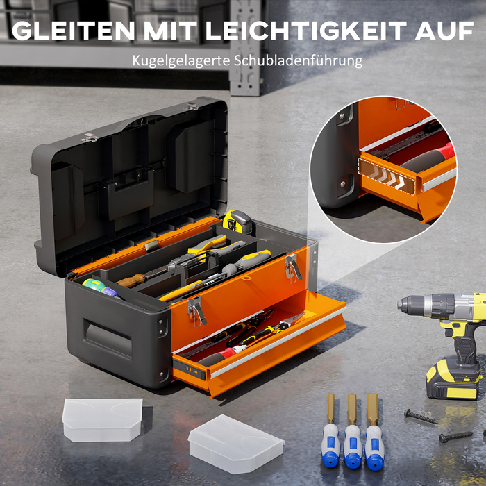 Набір інструментів порожній, 49,7 x 25,3 x 23 см. Ящик для інструментів з висувною шухлядою, міні-бокс зі сталі, помаранчевий.