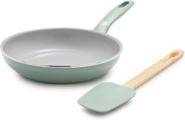 GreenPan Dover Сковорода з лопаткою, 20 см, антипригарне покриття Ceramic, безпечна, для яєць та омлетів, сумісна з духовкою, не нагрівається, легке виливання, блакитний дим, зелений колір
