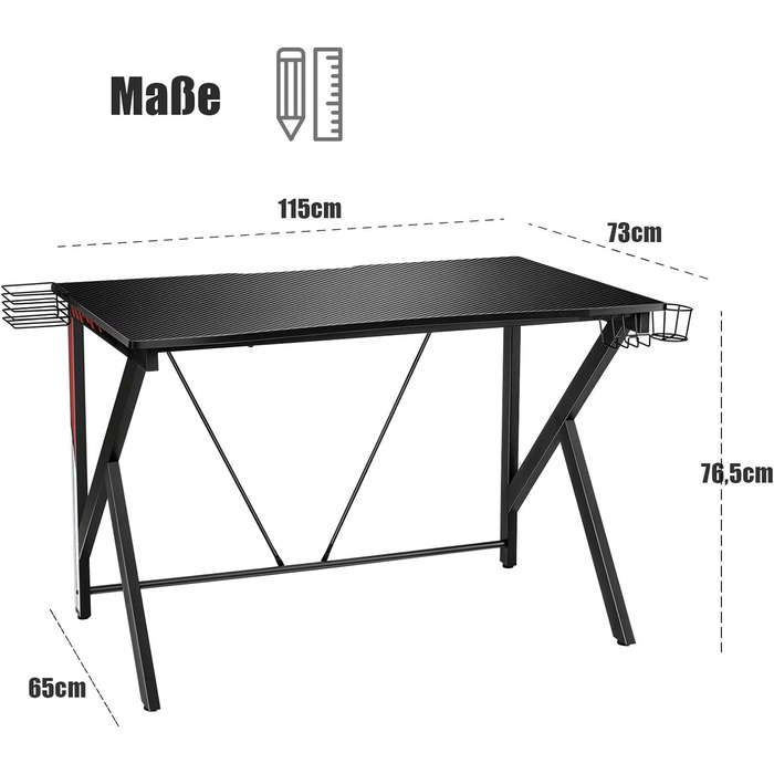 Ігровий стіл COSTWAY К-подібний комп'ютерний стіл Настільний стіл для ПК Настільний стіл з підсклянником, гачком для навушників і лотком для відео 115x73см