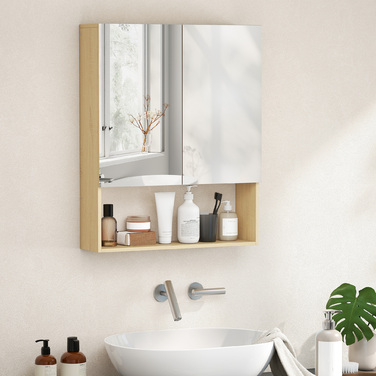 Шафа для ванної кімнати з дзеркальними дверцятами, відкрита полиця, монтаж на стіну, виготовлена з МДФ та ДСП, колір 