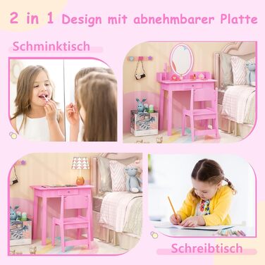 Дитячий туалетний столик DREAMADE з LED-дзеркалом та ніжками з бука, принцесовий туалетний столик з шухлядою та стійкою для прикрас, дитячий туалетний столик з пуфом для дівчаток (Рожевий)