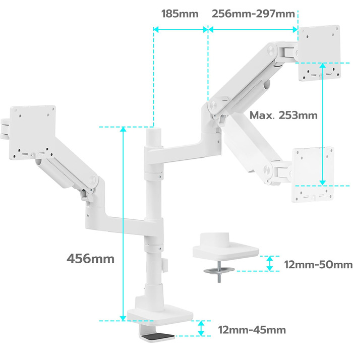 Кріплення для монітора ARES WING для 2 моніторів, 17-49 дюймів, газ-амортизатор, регулювання висоти, поворотний, VESA 75/100 мм, 2-20 кг, білий