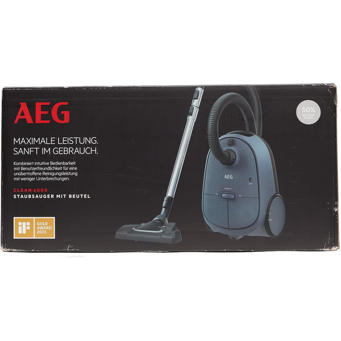 Пилосос AEG CLEAN 6000 AB61C1OKO ECO / Високе всмоктування / Додаткові насадки / Колеса XL / Телескопічна трубка з нержавіючої сталі / 65 переробленого матеріалу / Кабель 12 м / 750 Вт / Аксесуари / Сірий (синій)