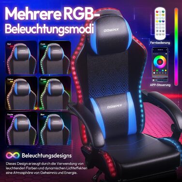 Ігровий крісло Dowinx з RGB підсвічуванням, LED, з підніжкою, для дорослих, ергономічний, з масажем попереку, PU шкіра, білий (блакитний)