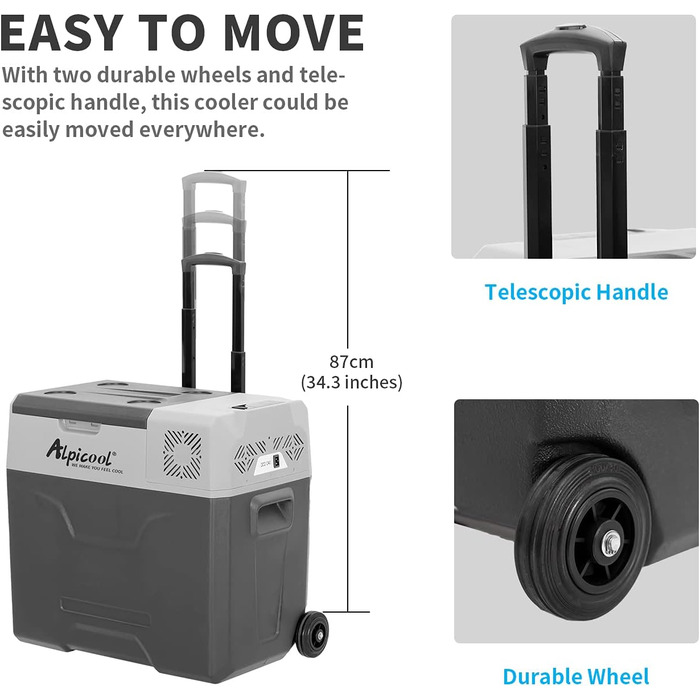 Автомобільний холодильник Alpicool CX50 50л компресорний, портативний, з USB, колесами та телескопічною ручкою для авто, кемпінгу, вантажівок, човнів