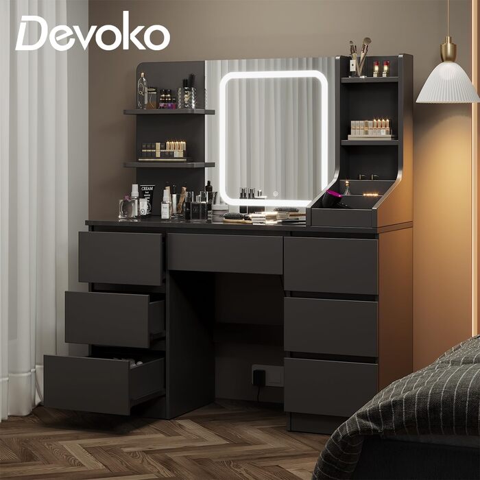 Тумбочка для макіяжу Devoko LED з 7 ящиками, регульоване освітлення, дзеркало, 110x40x140 см (Чорний)