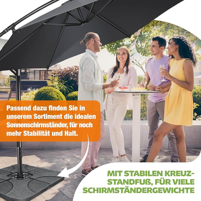 Парасолька від сонця KESSER Ø 350 см, підвісна модель з рукою-кранцем для тераси, балкона та саду, алюмінієвий стійкий каркас, UV-захист, водонепроникна та вітростійка, поворот на 360°, антрацит