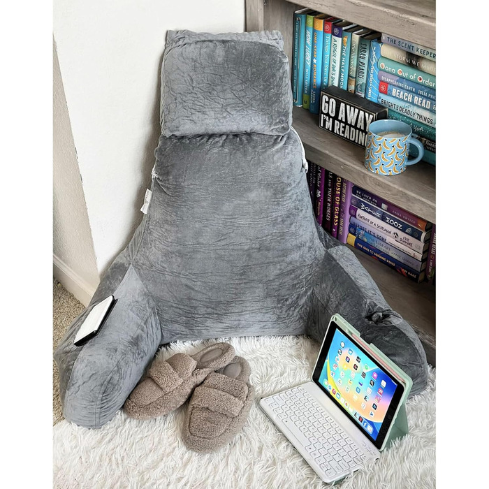 Storrejoy Велике подушко-крісло для читання - спинка для сидіння в ліжку з підлокітниками, знімною подушкою для голови, з піною з пам'яті, тримачем для книги/планшета, кишенями для зберігання та отвором для ручки (Антрацит) Темно-сірий