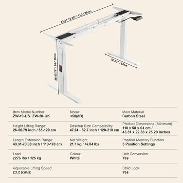 Електричний підйомний стіл-каркас VEVOR з подвійним мотором, регулювання висоти 65-129 см, довжини 110-178 см, ергономічна база для робочого місця, 3 положення (тільки каркас), білий, 110 x 58 x 64 см