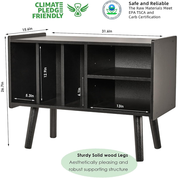 Підставка для програвача з місцем для зберігання вінілових платівок, до 136 кг, велика стійка-шафа для програвача з полицями для альбомів, дерев'яна підставка для вінілу чорного кольору