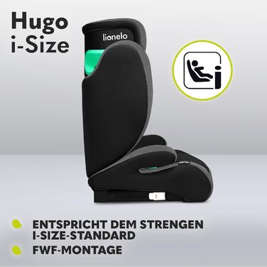 Дитяче автокрісло LIONELO HUGO I-SIZE, група 2 3, від 100-150 см, установка ISOFIX, регульований підголівник, піна з ефектом пам'яті, бічний захист, зручні підлокітники чорно-сірий