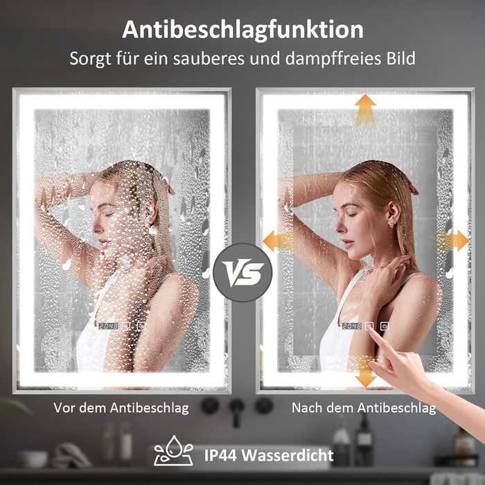 Дзеркало для ванної кімнати YOURLITE з підсвічуванням, 85x55 см, LED, сенсорне керування, 3 кольори світла, регулювання яскравості, антизапар, горизонтальне/вертикальне, IP44, білий (Silver-5070)