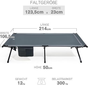 Розкладне ліжко для кемпінгу EVER ADVANCED XXL (214x106 см), посилене кемпінг-ліжко до 300 кг, сіре