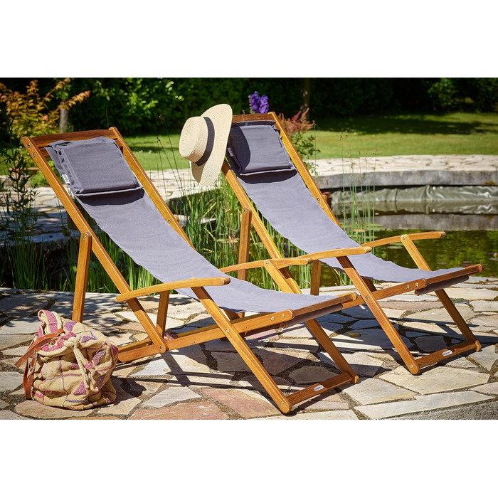 Лежак для відпочинку Casaria® з дерева, вологостійкий, складаний, регульований, до 160 кг, підлокітники, подушка для шиї, для саду та балкону, акація, 94x94x60 см, антрацит