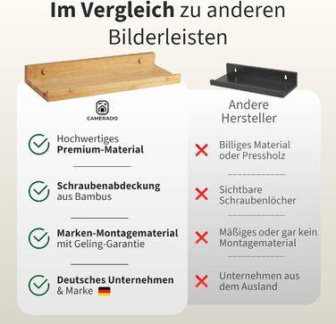 Camerado Набір з 2 бамбукових полиць-карнизів 60 см - настінне дерев'яне полиця з кріпленнями та заглушками