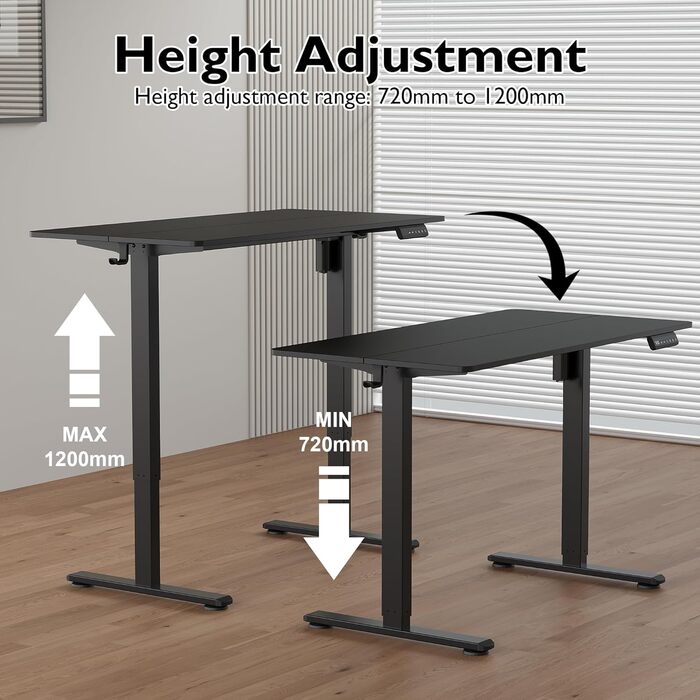 Електричний регульований стіл BONTEC 120x60 см з LED-дисплеєм, 3 пам'яті висоти, тримач для навушників, чорний