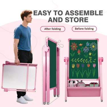 Дитяча мольберт Kinderstaffelei: двосторонній, сталевий, регульований, 360° обертання, дошка для малювання, крейда та маркери для хлопчиків та дівчаток