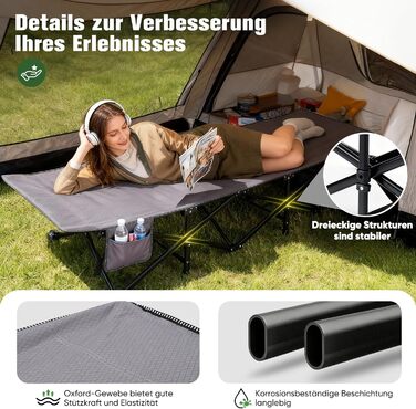 Розкладне ліжко для кемпінгу Sekey XXL (190x71x35 см), посилене сталеве ліжко-трансформер з тканиною Oxford, сіре (без матраца)