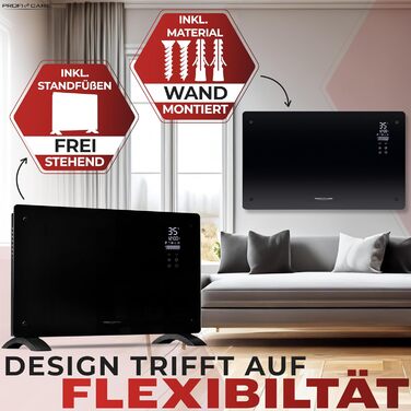 ProfiCare® Електричний конвектор з скляною передньою панеллю та X-подібним нагрівальним елементом | Мобільний обігрівач, також підходить для настінного монтажу | Конвектор з 2 рівнями нагріву | Безшумне опалення - 0dB | PC-GKH 3119 чорний