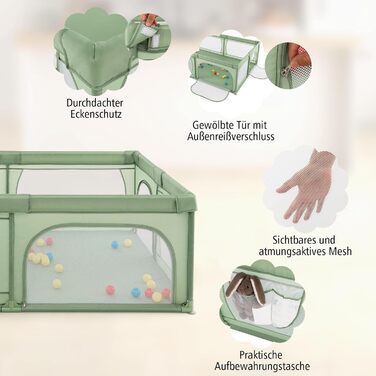 Дитячий манеж складний, манеж з 50 кульками, 2 двері, дихаюча сітка та блискавка, манеж-намет для немовлят і малюків (зелений, з матрацом), 205 x 147