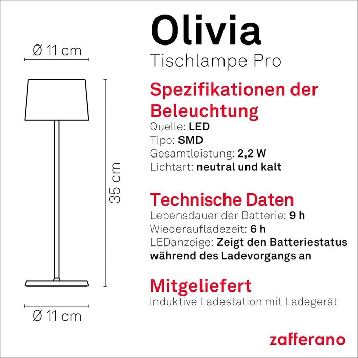 Zafferano Olivia Pro: портативна лампа з регулюванням яскравості, золото, 35 см