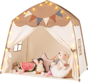 Дитяче намет-ліжко DREAMADE 2 в 1 з гірляндою та прапором, ігровий намет для дитячої кімнати, ігровий будиночок для дітей від 3 років (колір кавовий)