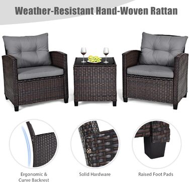 Набір садових меблів LIFEZEAL 3 предмети: 2 крісла та стіл з штучного ротангу (PE) з подушками, скляна стільниця, для тераси, балкона, саду - сірий