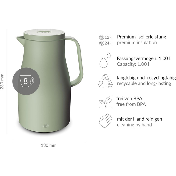Термос Alfi ECONSCIOUS 1.0л, туманно-зелений, з ізоляцією, з вбудованим скляним вставкою, з біо-пластику, з кришкою-вертушкою, з кнопкою, для зручного наливання однією рукою, ідеальний для кави та чаю, без BPA