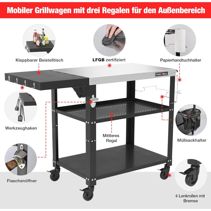 Мобільний сервісний візок для гриля з 3 рівнями, відкидним столиком та поворотними колесами на 360° з гальмом – багатофункціональний гриль-стіл з нержавіючої сталі для барбекю та саду