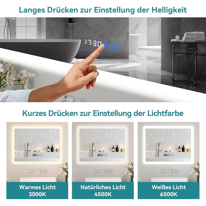 Дзеркало для ванної кімнати YU YUSING з підсвічуванням 80x60 см, LED, 3 кольори світла, регулювання яскравості, антизапар, сенсорне управління, таймер, загартоване скло, IP44, прозоре