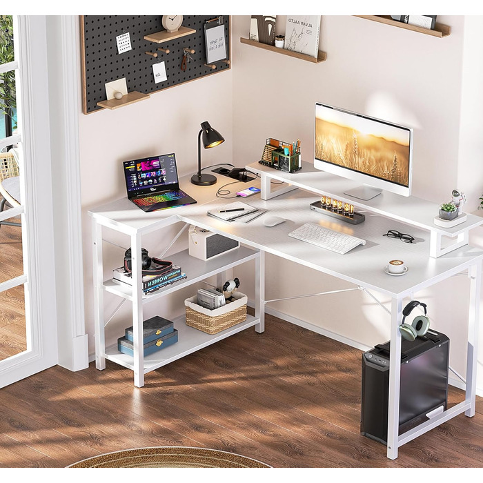 Ігровий кутовий стіл L-подібної форми з LED-підсвічуванням та розетками, 120x70 см, колір дуб (білий)