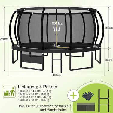 Батут Devoko вуличний Ø488 см з сіткою та драбиною, чорний - великий дитячий батут для саду з сертифікатом GS