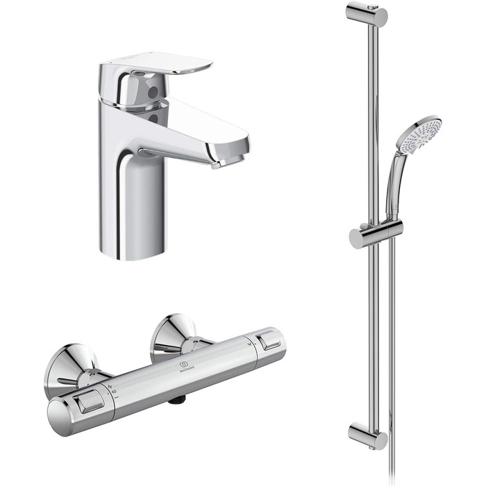 Змішувач для раковини Ideal Standard Ceraflex настінний з термостатом, витяжка 160 мм, регульовані з'єднання, водозберігаюча картридж CLICK, хром (з душовою стійкою, штанга 900 мм, хром)