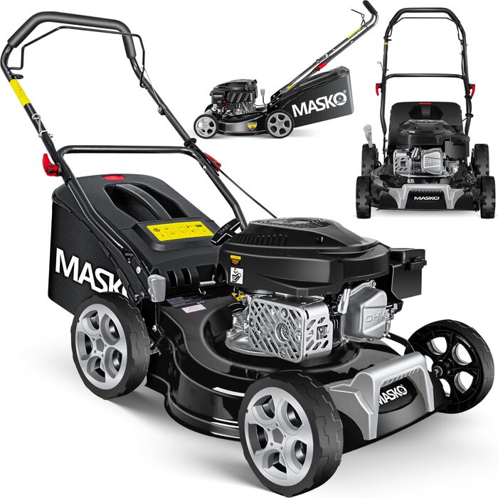 Бензиновий газонокосарка MASKO® 5in1 | Ширина косіння 51 см | 8 положень висоти | 4-тактний OHV двигун 6.0 PS | Об'єм кошика 65 л | В комплекті набір для мульчування та бічний викид (ширина 42 см, чорний/сірий)