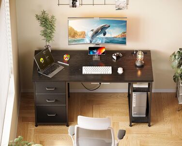 Комп'ютерний стіл Coleshome з висувними ящиками з тканини, 130x48 см. 2 розетки та 2 USB-порти для зарядки. Стільниця з полицею, реверсивний офісний стіл для дому та офісу (Чорний, 130x48x75.7 см)