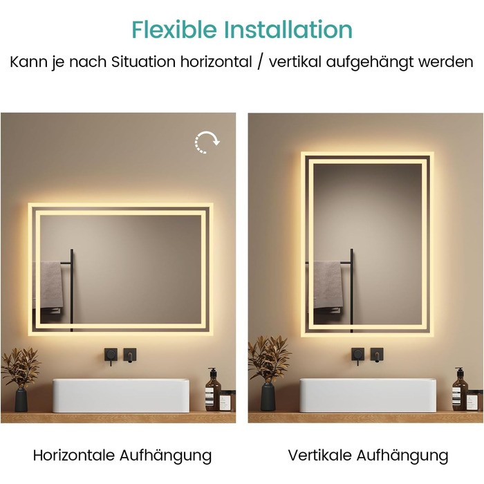 Дзеркало для ванної кімнати EMKE з підсвічуванням 120x60 см, тепле біле світло 3000K, вимикач, матовий бортик 2.70 x 50 см