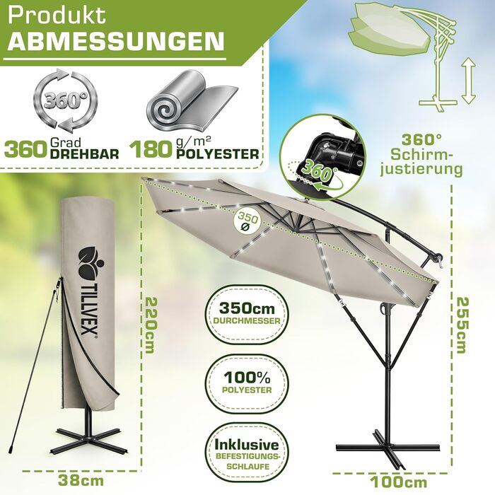 Садова парасолька Tillvex Alu Ampelschirm з LED-освітленням на сонячній батареї, 350 см, колір тауп — Алюмінієвий зонт від сонця з рукояткою, захистом від UV та вітру, включаючи чохол та стійку
