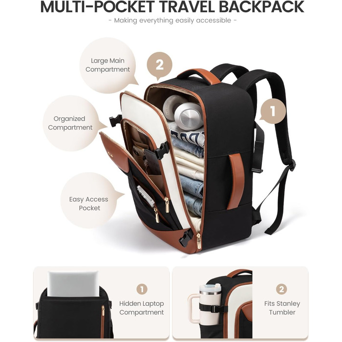 LOVEVOOK Рюкзак для ручної поклажі, 40L, для подорожей, з відділенням для ноутбука, водонепроникний, чорно-бежево-коричневий
