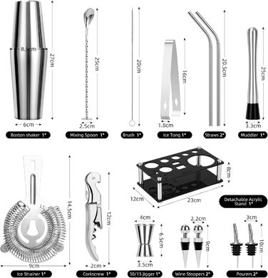 Набір для коктейлів Cinnani 15 предметів з підставкою, нержавіюча сталь, професійний шейкер-бостонський, подарунковий набір для бармена