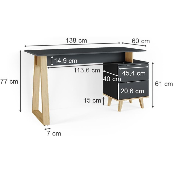 Письмовий стіл Vicco Nautica, антрацит/бук, 138 x 60 см з шухлядами, XL (письмовий стіл ANT/SE L)