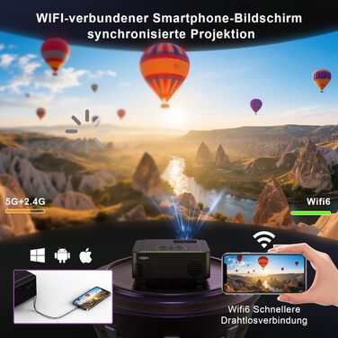 Проектор Beamer для домашнього кінотеатру з Wi-Fi 6 та Bluetooth 5.3, 1080P, 50% Zoom, HDMI/AV/Laptop/iPhone, для використання на вулиці, чорний