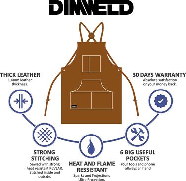 Чоловічий шкіряний зварювальний фартух DIMWELD. Вогнезахисний термофартух для зварювання в майстерні. Регульований захисний одяг з 6 кишенями для інструментів. Світло-коричневий