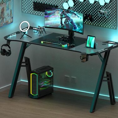 Ігровий стіл Kidsgigglz з LED-підсвічуванням 120x60 см: ергономічний комп'ютерний стіл з тримачем для напоїв та гачком для навушників для дому, офісу, кутовий стіл (140x60 см з рамою)