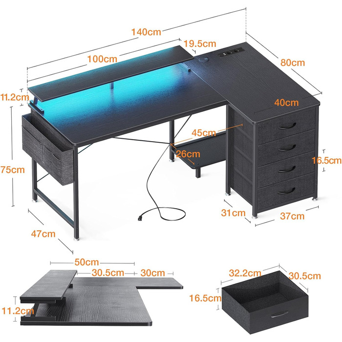 Кутовий стіл ODK L-подібної форми з шухлядами, розетками, USB, LED та підставкою для монітора (чорний, 140x80 см)