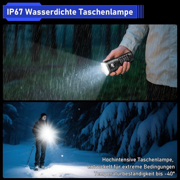 Потужний LED ліхтар JAY-PARK 500000 Люмен, акумулятор 10800 мАг, LCD-дисплей заряду, 5 режимів світла, зум, водонепроникний IPX7, чорний матовий — для кемпінгу та походів